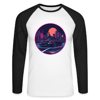 Retro 80er JDM Schrägheck Neon Tokyo Emblem - Unisex Baseballshirt langarm - Weiß/Schwarz - Vorne - Nik (191cm)