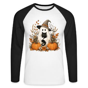 Halloween, Ghost, Black Cat - Unisex Long Sleeve Baseball T-Shirt - white/black - Front - Nik (191cm)