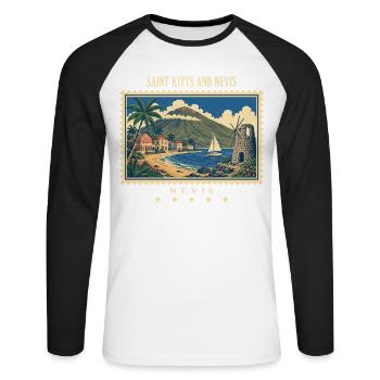 Saint Kitts and Nevis Nevis Vintage Travel Brand - Unisex Long Sleeve Baseball T-Shirt - white/black - Front - Nik (191cm)