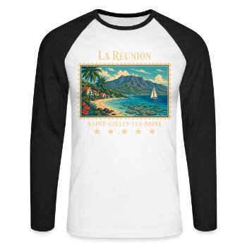 La Réunion Saint-Gilles Vintage Reisemarke - Unisex Baseballshirt langarm - Weiß/Schwarz - Vorne - Nik (191cm)