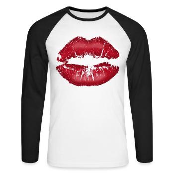Kiss me! Kissing Lips with Lipstick Lip Saying - Unisex Long Sleeve Baseball T-Shirt - white/black - Front - Nik (191cm)