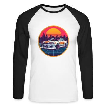 Retro 80er JDM Limousine Neon Cyber City Emblem - Unisex Baseballshirt langarm - Weiß/Schwarz - Vorne - Nik (191cm)