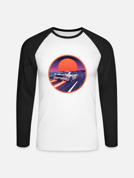 Neon Coastal Highway Cyber Supercar - Unisex Baseballshirt langarm - Weiß/Schwarz