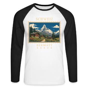Schweiz Zermatt Vintage Reisemarke - Unisex Baseballshirt langarm - Weiß/Schwarz - Vorne - Nik (191cm)