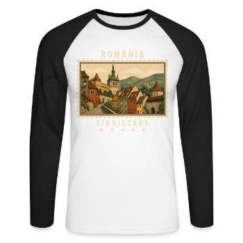 Rumänien Sighișoara Vintage Reisemarke - Unisex Baseballshirt langarm - Weiß/Schwarz - Vorne - Nik (191cm)