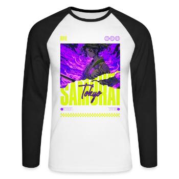 Tokyo Samurai Girl: Purple Flame Aesthetics - Unisex Baseballshirt langarm - Weiß/Schwarz - Vorne - Nik (191cm)