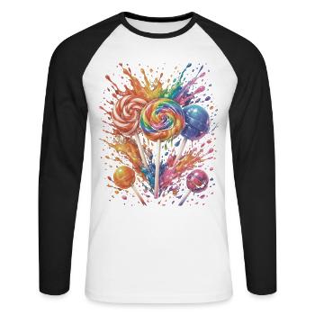 Mehrfarbige Süßigkeiten-Lutscher-Spritzkunst - Unisex Baseballshirt langarm - Weiß/Schwarz - Vorne - Nik (191cm)