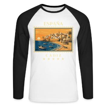 Spanien Cádiz Vintage Reisemarke - Unisex Baseballshirt langarm - Weiß/Schwarz - Vorne - Nik (191cm)