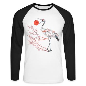 Geometrischer Reiher mit Kirschblüten - Unisex Baseballshirt langarm - Weiß/Schwarz - Vorne - Nik (191cm)