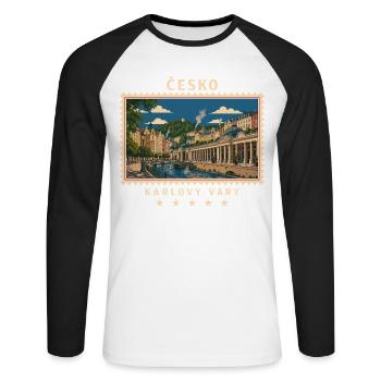 Tschechien Karlovy Vary Vintage Reisemarke - Unisex Baseballshirt langarm - Weiß/Schwarz - Vorne - Nik (191cm)
