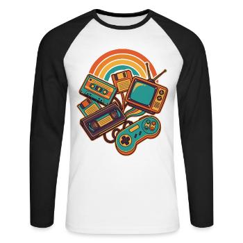80er 90er Retro Technik Nostalgie Gamer - Unisex Baseballshirt langarm - Weiß/Schwarz - Vorne - Nik (191cm)