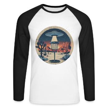 Disc Golf Putter UFO Korb Retro Vintage Wüste Nach - Unisex Baseballshirt langarm - Weiß/Schwarz - Vorne - Nik (191cm)
