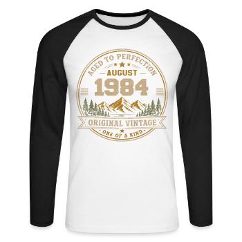 August 1984 Original Birthday Vintage Mountain - Unisex Baseballshirt langarm - Weiß/Schwarz - Vorne - Nik (191cm)