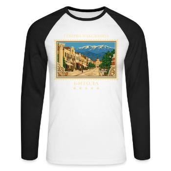Nordmazedonien Bitola Vintage Reisemarke - Unisex Baseballshirt langarm - Weiß/Schwarz - Vorne - Nik (191cm)