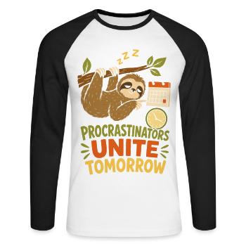 Procrastinators Unite Tomorrow - Unisex Baseballshirt langarm - Weiß/Schwarz - Vorne - Nik (191cm)
