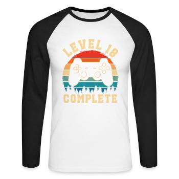 Level 18 complete – Cadeau gamer 18 ans - T-shirt baseball manches longues Homme - blanc/noir - Devant - Nik (191cm)