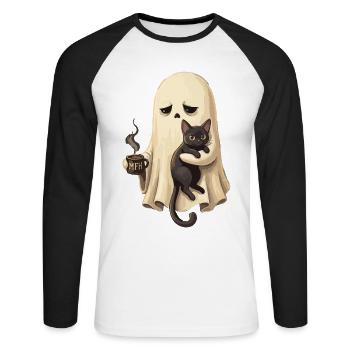 Ghost cat with coffee cup - Unisex Long Sleeve Baseball T-Shirt - white/black - Front - Nik (191cm)