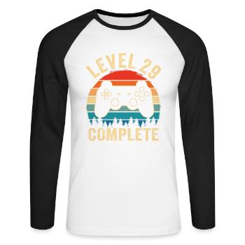 Level 29 complete – 29th anniversary gift - Unisex Long Sleeve Baseball T-Shirt - white/black - Front - Nik (191cm)