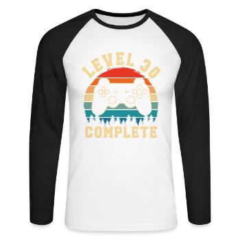 Level 30 complete – 30th anniversary gift - Unisex Long Sleeve Baseball T-Shirt - white/black - Front - Nik (191cm)