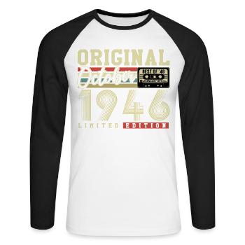 Original octobre 1946 – 80e anniversaire Rétro - T-shirt baseball manches longues Homme - blanc/noir - Devant - Nik (191cm)