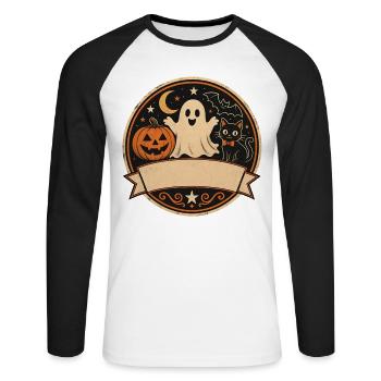 T-shirt Chat Citrouille Fantôme Halloween Rétro - T-shirt baseball manches longues Homme - blanc/noir - Devant - Nik (191cm)