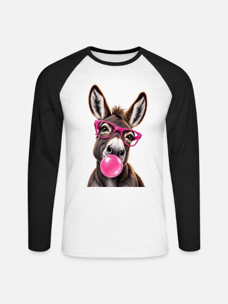 Âne Cool avec Lunettes Roses et Bubble Gum - Unisex Baseballshirt langarm - Weiß/Schwarz