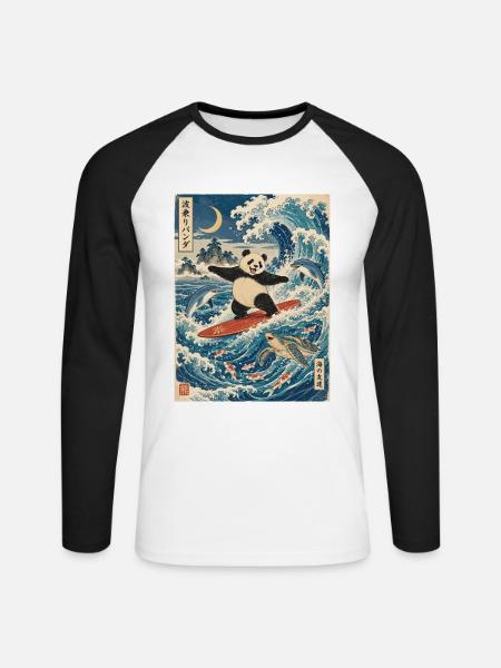 Panda, Surfen, Japanisch, Surfer, Pandabär - Unisex Baseballshirt langarm - Weiß/Schwarz