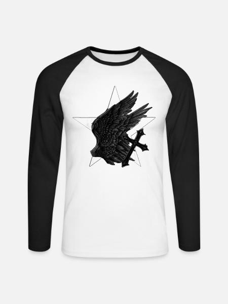 Pentagramm Schwarzer Flügel Gothic Kreuz Shirt - Unisex Baseballshirt langarm - Weiß/Schwarz