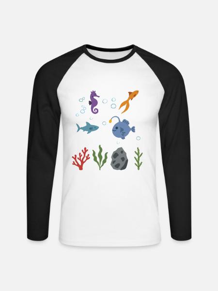 Seepferdchen Unterwasser Kinder Goldfisch Hai - Unisex Baseballshirt langarm - Weiß/Schwarz