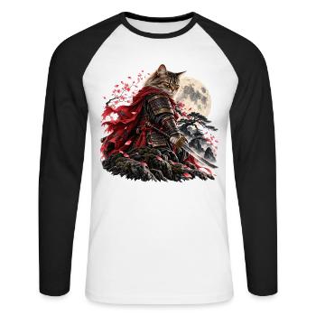 Samurai Katze Moonblade – Epische Fantasy Cat - Unisex Baseballshirt langarm - Weiß/Schwarz - Vorne - Nik (191cm)