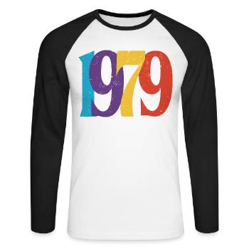 Geboren 1979 Geburtstagsgeschenk Geburtstag 79 - Unisex Baseballshirt langarm - Weiß/Schwarz - Vorne - Nik (191cm)