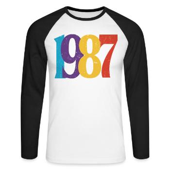 Geboren 1987 Geburtstagsgeschenk Geburtstag 87 - Unisex Baseballshirt langarm - Weiß/Schwarz - Vorne - Nik (191cm)