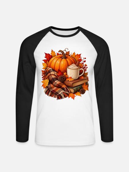 Herbstliche gemütliche Kürbis-Latte-Szene - Unisex Baseballshirt langarm - Weiß/Schwarz