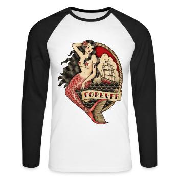 "IMMER" MEERJUNGFRAU TATTOO - Unisex Baseballshirt langarm - Weiß/Schwarz - Vorne - Nik (191cm)