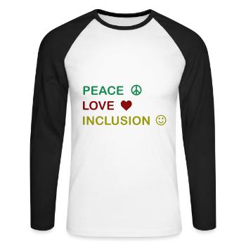 Großartig für alle Gelegenheiten Inklusion Tee Peace - Unisex Baseballshirt langarm - Weiß/Schwarz - Vorne - Nik (191cm)