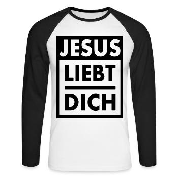 Jesus - Jesus Christus - Gott - Jesus Liebt Dich - Unisex Baseballshirt langarm - Weiß/Schwarz - Vorne - Nik (191cm)