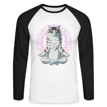 Norwegische Waldkatze Meditation - Unisex Baseballshirt langarm - Weiß/Schwarz - Vorne - Nik (191cm)