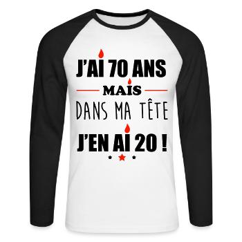 Pas 70 ans anniversaire, cadeau d'anniversaire - T-shirt baseball manches longues Homme - blanc/noir - Devant - Nik (191cm)