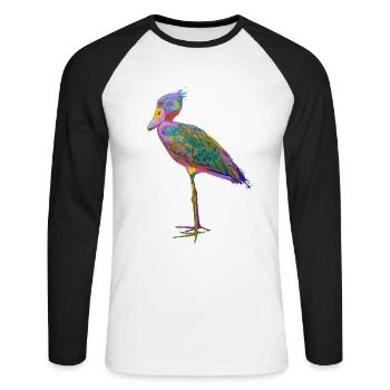 Bunter Splash Vogel Schuhschnabel - Unisex Baseballshirt langarm - Weiß/Schwarz - Vorne - Nik (191cm)
