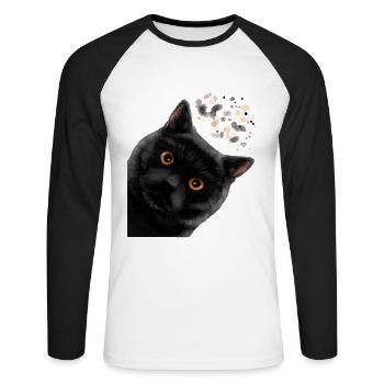 Curieux chat noir britannique à poil court - T-shirt baseball manches longues Homme - blanc/noir - Devant - Nik (191cm)