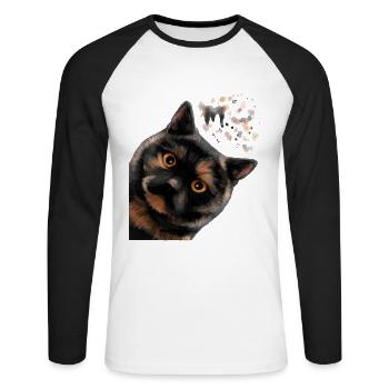 Curieux tortoise écaille british Shorthair Cat - T-shirt baseball manches longues Homme - blanc/noir - Devant - Nik (191cm)