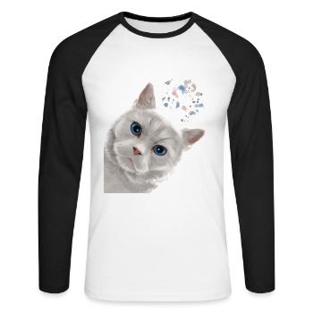 Drôle de chat blanc britannique à poil court - T-shirt baseball manches longues Homme - blanc/noir - Devant - Nik (191cm)