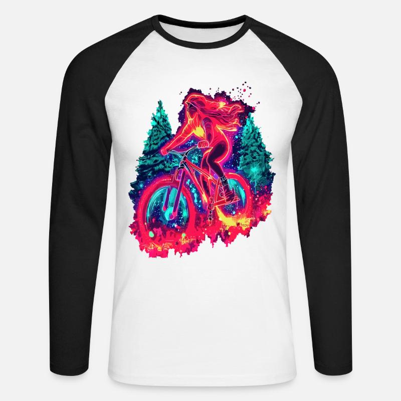 Synthwave Mountainbike Mädchen Waldfahrt - Unisex Baseballshirt langarm - Weiß/Schwarz