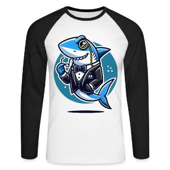 Edler Hai im Smoking-Vektor-Design - Unisex Baseballshirt langarm - Weiß/Schwarz - Vorne - Nik (191cm)
