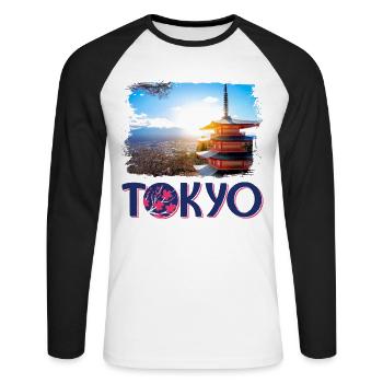 Tokio Tokyo Japan Asien Pagode Berg Mountain - Unisex Baseballshirt langarm - Weiß/Schwarz - Vorne - Nik (191cm)