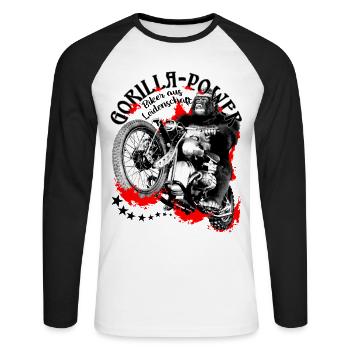 Gorilla-Power, Biker aus Leidenschaft - Unisex Baseballshirt langarm - Weiß/Schwarz - Vorne - Nik (191cm)