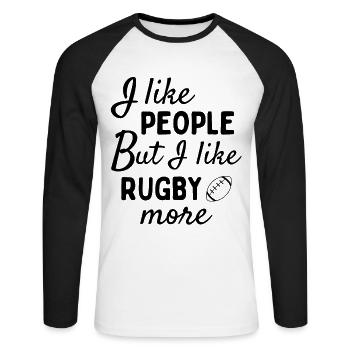 I like people BUT I like rugby more - Unisex Long Sleeve Baseball T-Shirt - white/black - Front - Nik (191cm)