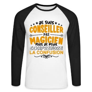 Conseiller pas Magicien | le Meilleur Conseiller - T-shirt baseball manches longues Homme - blanc/noir - Devant - Nik (191cm)