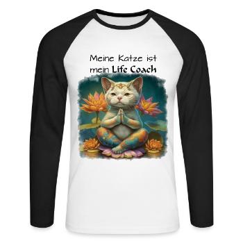 Meine Katze ist mein Life Coach, dunkle Schrift - Unisex Baseballshirt langarm - Weiß/Schwarz - Vorne - Nik (191cm)