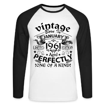 Januar 1961 | Jahrgang 1961 | geboren im Januar - Unisex Baseballshirt langarm - Weiß/Schwarz - Vorne - Nik (191cm)